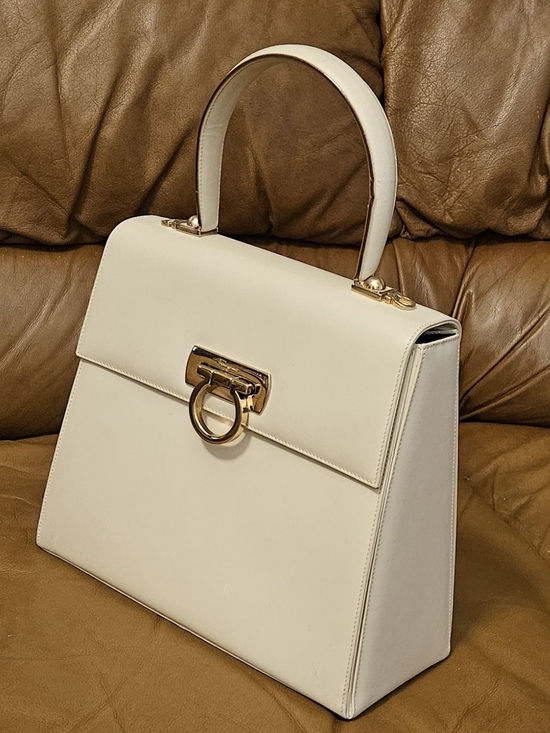 Salvatore Ferragamo Handbags - Salvatore Ferragamo Cream Leather Top-Handle Satchel with Gold Hardware